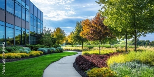 Obraz Landscaped Corporate Office Park with Walkway, Lush Greenery and Colorful Autumn Trees