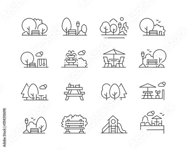 Fototapeta Parks and Green Space Icon collection containing 16 editable stroke icons. Perfect for logos, stats and infographics. Edit the thickness of the line in Adobe Illustrator (or any vector capable app).