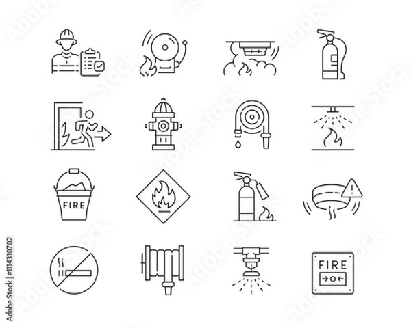 Fototapeta Fire Safety Icon collection containing 16 editable stroke icons. Perfect for logos, stats and infographics. Edit the thickness of the line in Adobe Illustrator (or any vector capable app).