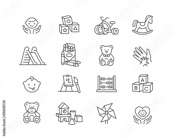 Fototapeta Childcare and Preschool Icon collection containing 16 editable stroke icons. Perfect for logos, stats and infographics. Edit the thickness of the line in Adobe Illustrator (or any vector capable app).