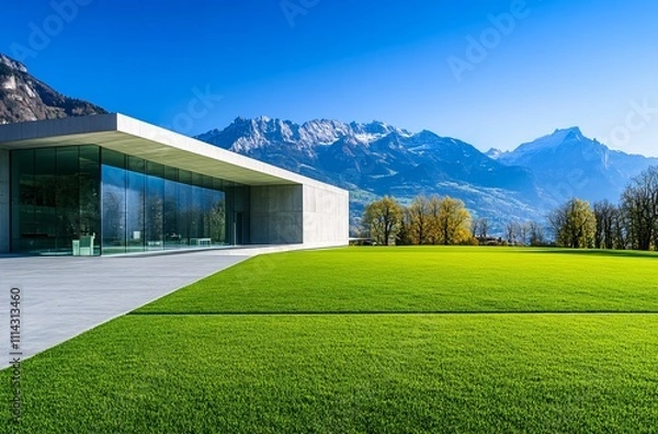 Fototapeta Modern villa with a green lawn and parking lot, set against a majestic mountain backdrop, blending contemporary architecture with nature for a luxurious and tranquil retreat.