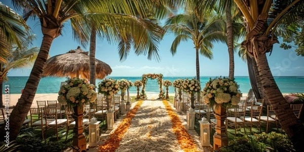 Obraz Wedding ceremony at a scenic beach venue surrounded by palm trees and floral decorations