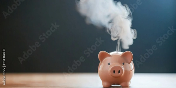 Fototapeta Broken piggy bank with smoke rising, symbolizing inflation and financial stress