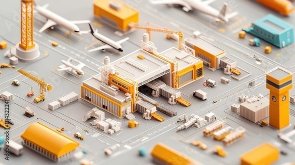 Fototapeta Isometric airport expansion with cranes building new gates and loading areas