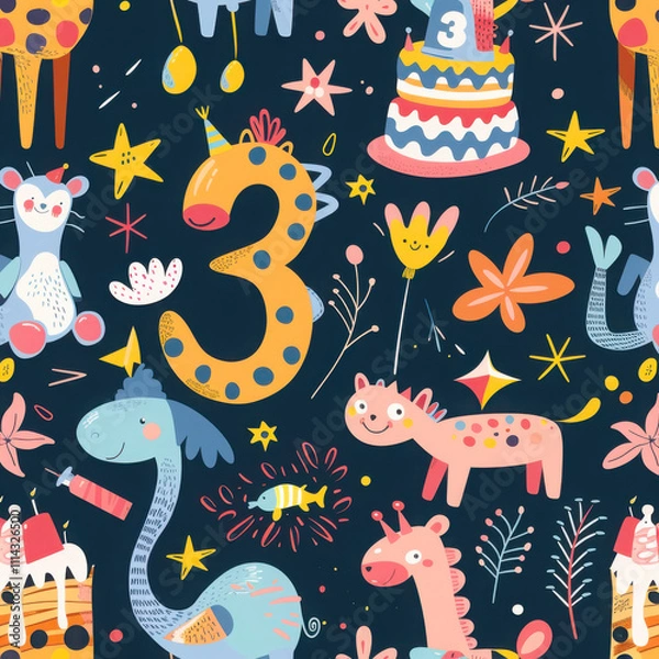 Fototapeta Playful birthday celebration pattern with colorful animals and cake