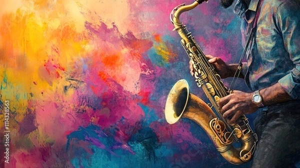 Fototapeta Close-up of a musician playing a gold tenor saxophone against a vibrant abstract paint splatter background.