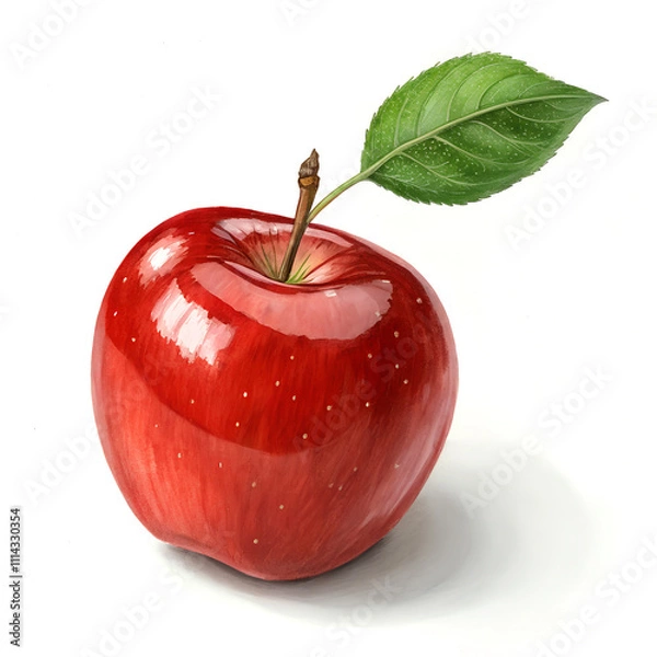 Fototapeta Shiny Red Apple with a Single Green Leaf – Fresh Fruit