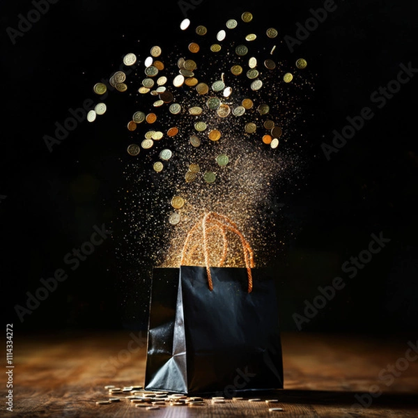 Fototapeta Coins evaporating from shopping bag symbolize inflation toll on finances. image captures striking visual of money disappearing