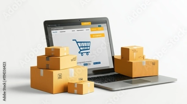 Obraz Laptop with Online Shopping and Delivery Boxes