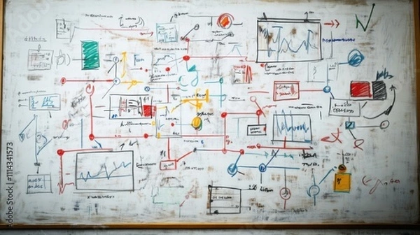 Obraz Complex brainstorming diagram displaying various charts and notes in a creative workspace environment
