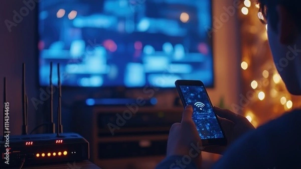Fototapeta Connecting to the Digital World: A Person Configuring Home Wifi Network