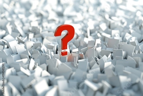 Fototapeta A single red question mark stands out among a cluster of white cubes, ideal for illustrating confusion or uncertainty