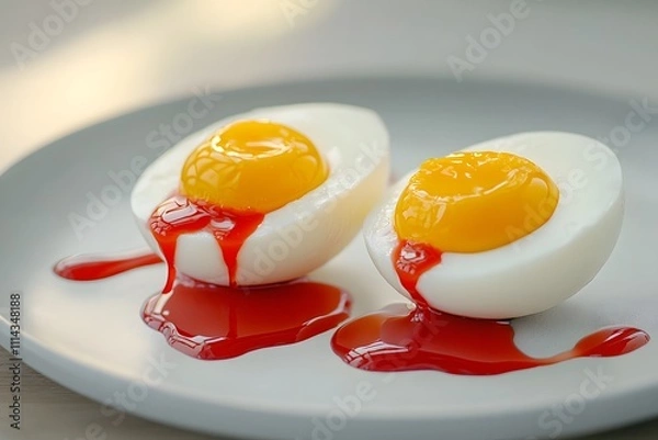 Obraz Two eggs, one cracked open with the yolk inside dripping red ink onto an eggshell plate