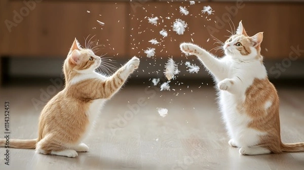 Fototapeta Playful cat photography on wooden backdrops. Two playful cats bat at floating feathers in a cozy indoor setting, capturing a moment of joy and curiosity.