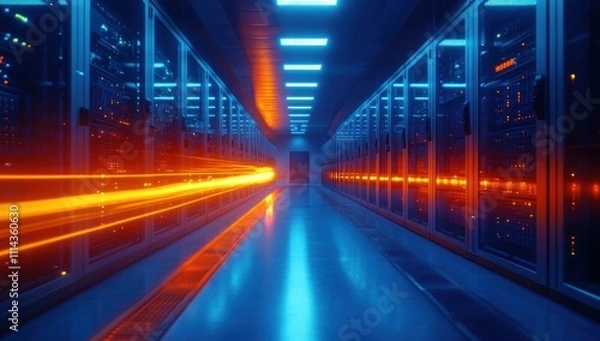 Fototapeta Data Center Corridor with Orange and Blue Lights