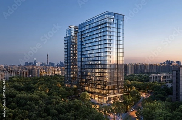 Obraz Aerial view of a city at night showcasing a solitary apartment building and office towers with illuminated facades, highlighting the vibrant real estate and commercial districts of the urban skyline.