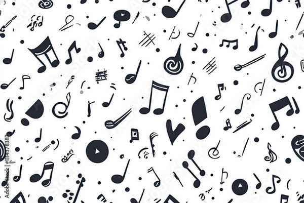 Obraz Seamless pattern of musical notes and symbols in black on a white background