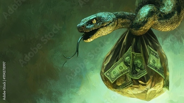 Fototapeta A snake holds a bag filled with money, symbolizing greed and deception in a dark, atmospheric setting.