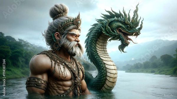 Obraz green serpent, Thai Naga, green naga king, Naga is on the mekong river , Naga Sri Sutho.