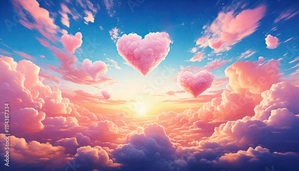 Obraz ハート形の雲、ピンクの雲、夕日の空、ロマンチックな雲、ファンタジーの景色、幻想的な空、青空と雲、雲海に浮かぶハート、夢のような風景