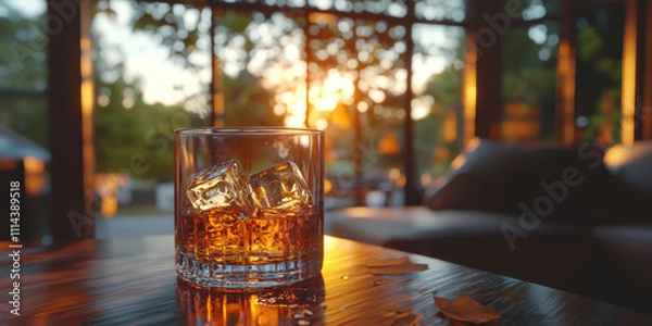 Fototapeta glass of whiskey with ice sits on wooden table, glowing amber in warm sunset light. scene evokes sense of relaxation and comfort