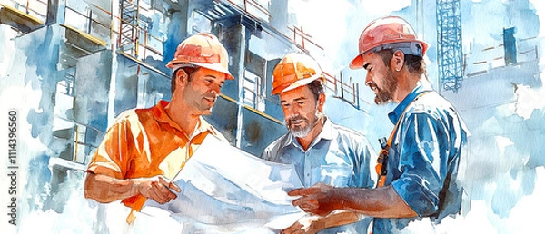 Fototapeta Construction workers collaborating on blueprints at building site urban setting professional environment overhead view, watercolor concept