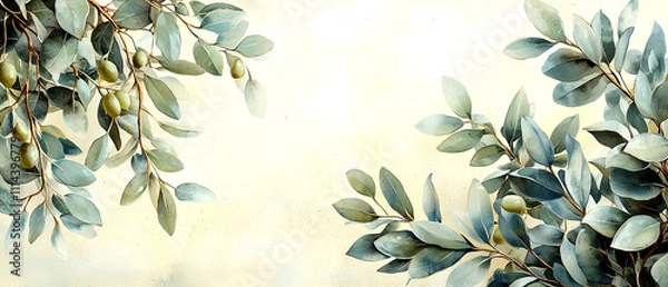 Fototapeta Botanical art display of olive leaves nature setting warm atmosphere, watercolor concept