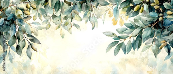 Fototapeta Greenery displaying olive leaves nature setting watercolor artwork tranquil atmosphere