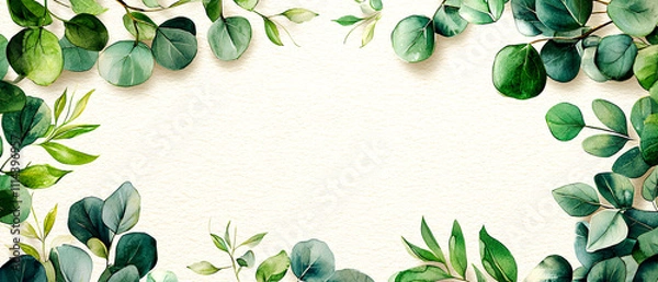 Fototapeta Lush greenery decorative frame nature background botanical art minimalist design, watercolor concept