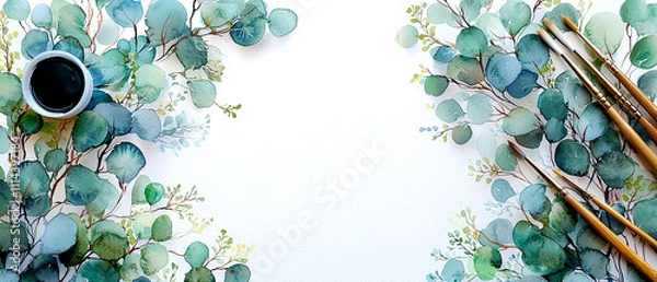 Fototapeta Creative watercolor painting setup with greenery isolate on white background