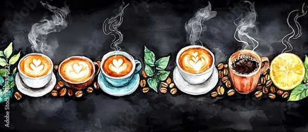 Fototapeta Colorful chalk drawing of coffee cups with leaves and coffee beans on dark background, advertising concept