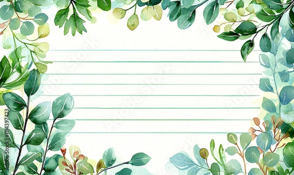 Fototapeta Nature inspired decorative border with lined paper for writing artwork display greenery background, watercolor concept