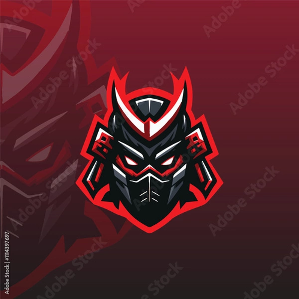 Fototapeta flat e-sport logo featuring a stylized samurai mask with sharp features