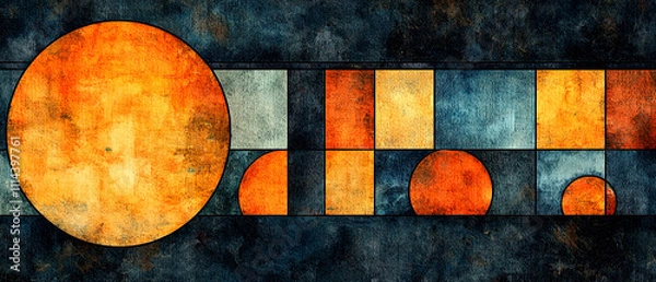 Fototapeta Abstract geometric art with circular forms and colorful blocks digital artwork modern design, watercolor concept