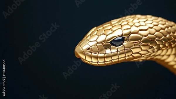 Fototapeta A close-up of a golden snake head, showcasing its scales and piercing black eye against a dark background.
