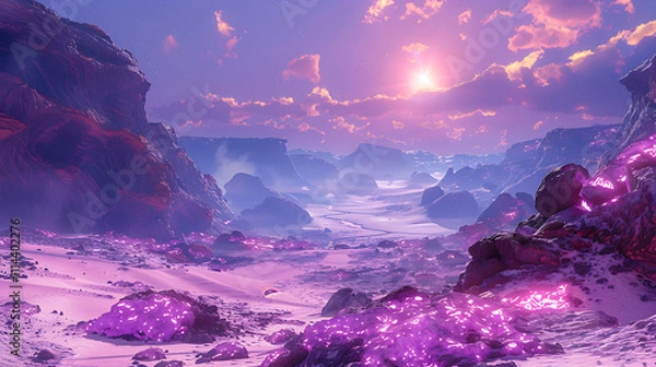 Fototapeta Surreal Alien Landscape at Dusk Featuring Glowing Purple Sands and Majestic Desert Hills Under a Vibrant Sky with a Setting Sun