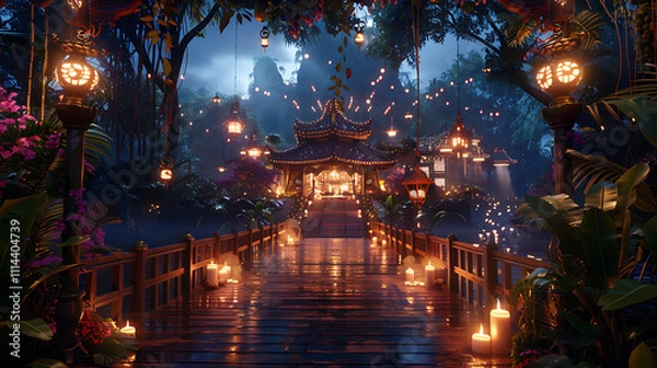 Fototapeta Enchanting Carnival Scene in the Lush Jungle Featuring a Serene Bridge, Twinkling Lights, and Vibrant Flora Amidst a Magical Evening Atmosphere