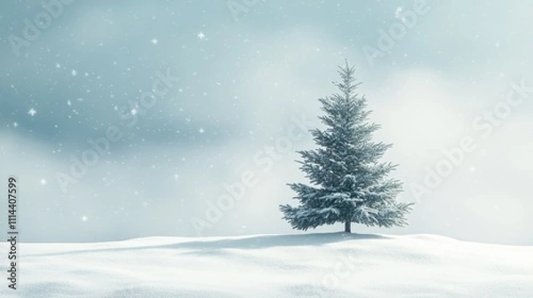 Fototapeta Festive Christmas tree standing in fresh snow, with snowflakes falling against a peaceful winter backdrop