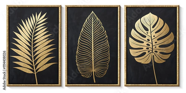 Obraz Three framed gold leaf prints on black backgrounds depict a palm frond, tropical leaf, and monstera deliciosa. Elegant and modern wall art.