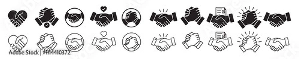 Fototapeta Business agreement handshake icon. Containing relation, cooperation, contract deal, success, greeting, respect, teamwork, friendship, partnership, trust, welcome. Vector illustration
