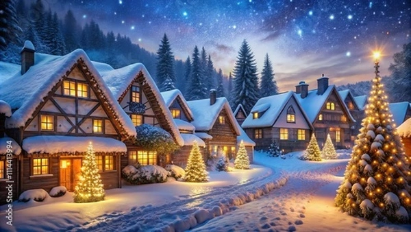 Obraz Starlit Night Snow-Covered Village and Illuminated Christmas Tree