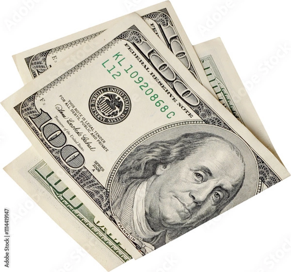 Fototapeta Multiple 100 Dollar Note Isolated On a White Background, One Hundred Dollar Currency Note Isolated On a White Background, USA Currency Notes PNG, USA currency Notes Clipart 