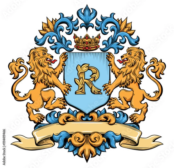 Fototapeta CoTemplate of Medieval Coat of Arms with Lions, Crown, Letter R on Shield and Plume. Colored Hand Drawn Retro Illustration. Vintage Color Engraving. Element for Classic Heraldic Design, Mascot