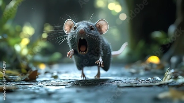 Fototapeta A 3D rendered image of a screaming mouse running on a forest path.