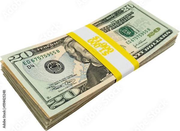 Fototapeta A Bundle Of 20 Dollar Notes Isolated On a White Background, Twenty Dollars Bundle Currency Note Isolated On a White Background, USA Currency Notes PNG, USA currency Note Clipart 