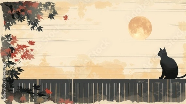 Fototapeta Vintage Autumn Scene with Black Cat on Fence.
