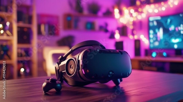 Obraz Futuristic Gaming Setup with Headset and Controllers