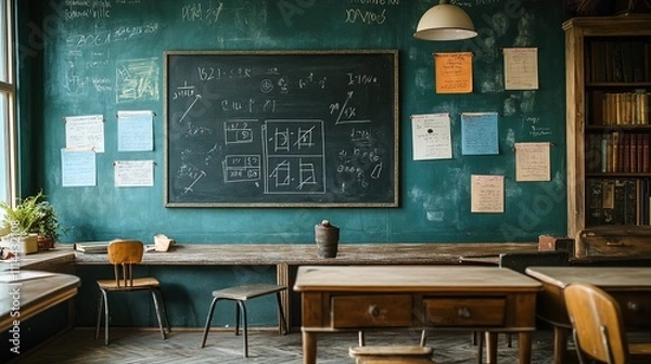 Fototapeta Vintage classroom with chalkboard, desks, and bookshelves.