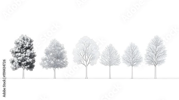 Obraz Minimal style CAD tree line drawing, side view, a set of graphic tree elements with outline symbols for architecture and landscape design