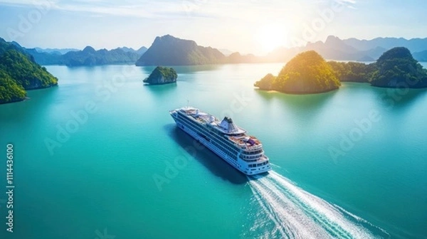 Obraz Cruise ship sailing through turquoise waters, surrounded by lush green islands at sunset.